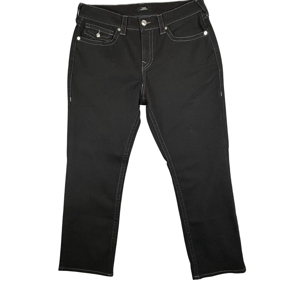 True Religion Ricky Relaxed Straight Black Contrast Stitch Jeans Mens 36x29